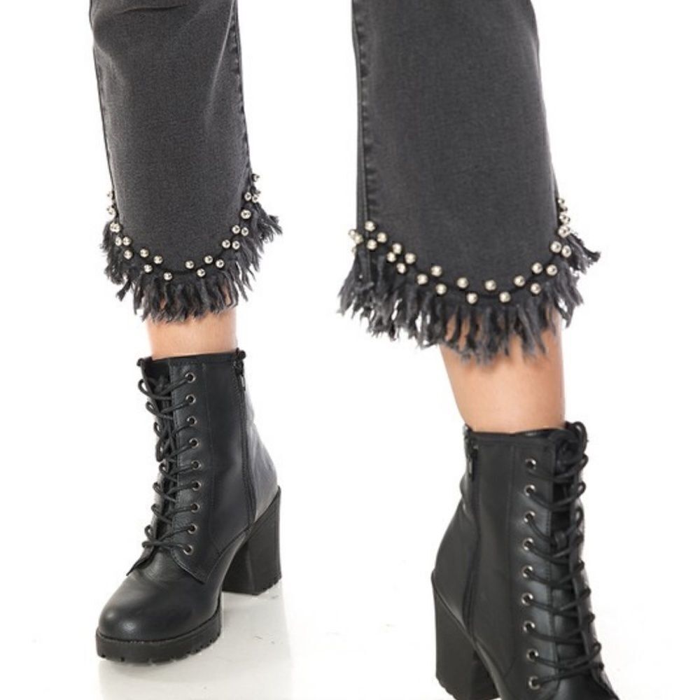 Kick Flare Jeans with Fringe and Studs - Picture 2 of 6